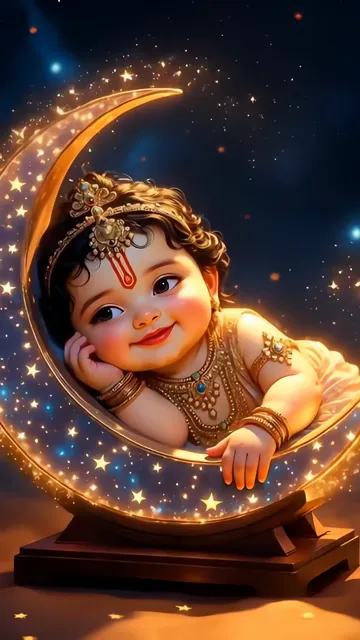Baby Krishna Sleeping On Crescent Moon With Starry Sky