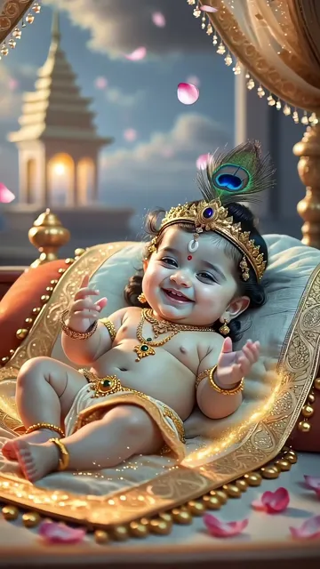 Cute Baby Krishna Divine Laughing With Peacock Feather And Golden Crown