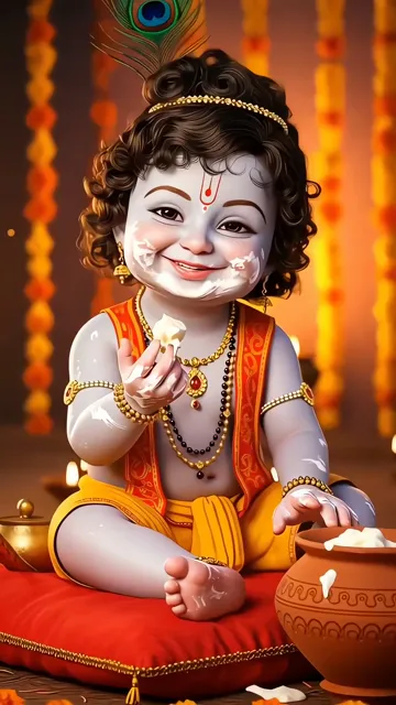 Baby Krishna Holding Butterball With Peacock Feather And Diya