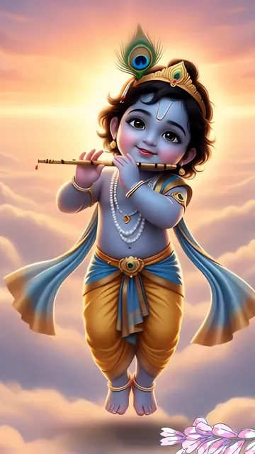Baby Krishna Flying With Flute And Peacock Feather