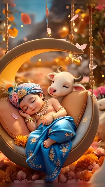Krishna Sleeping On Moon Swing With Cow Companion