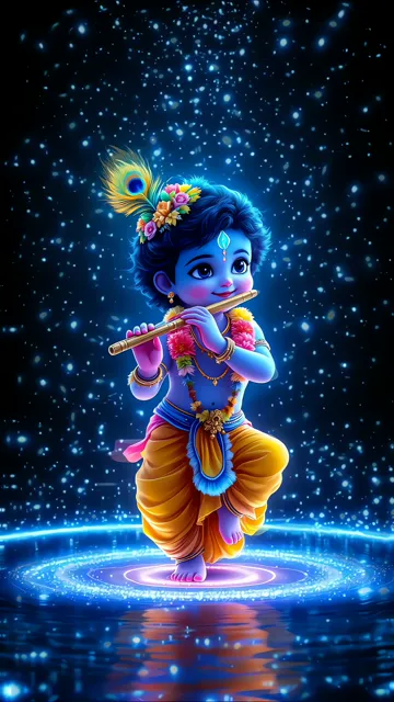 Bal Krishna Blue Glow With Peacock Feather And Starry Sky