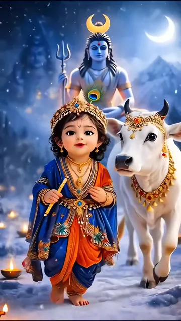 Baby Shiva With Nandi And Moonlit Snow Scene