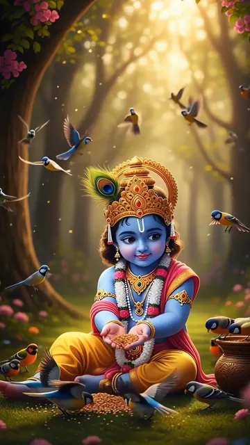 Baby Krishna Feeding Birds In Forest With Peacock Feather Crown