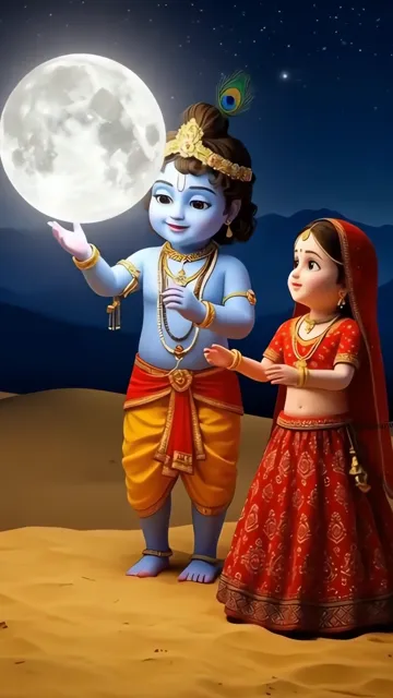 Shri Krishna Holding Moon With Radha Under Starry Night