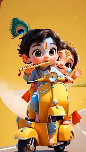 Cute Radha Krishna Riding Yellow Scooter With Peacock Feather