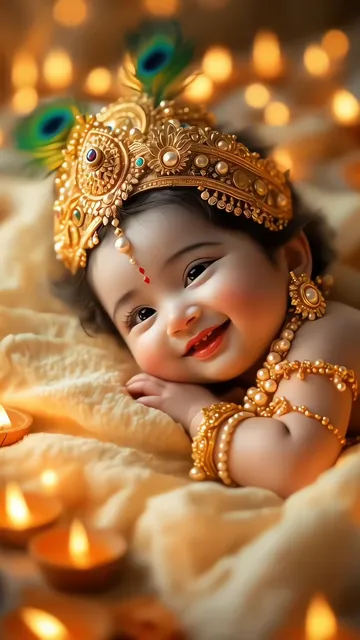 Cute Baby Krishna With Golden Crown And Peacock Feather