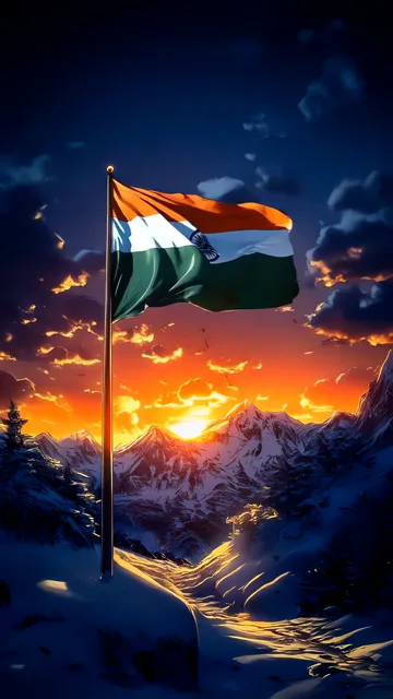 Indian Flag Flying Over Snowy Mountains At Sunset