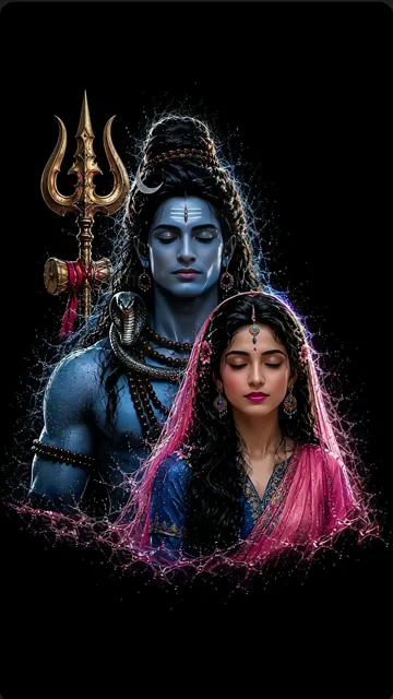 Shiva With Parvati Blue Glow And Trishul