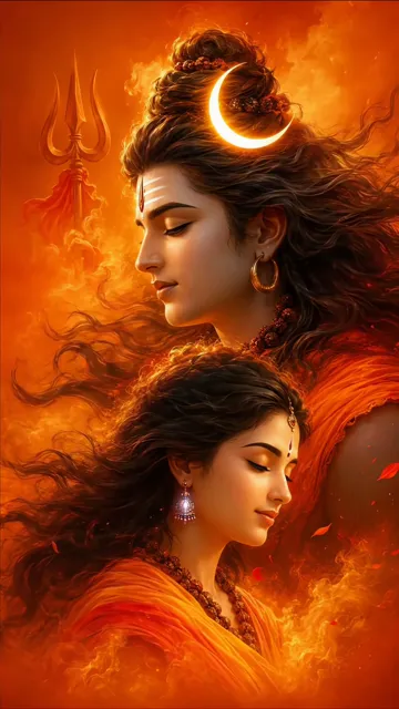 Shiva And Parvati Devotional Flame Scene With Trishul And Moon
