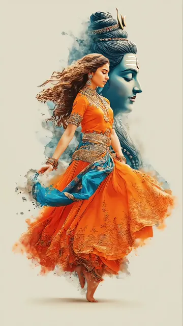 Shiva Parvati Divine Dance With Blue Aura And Orange Sari