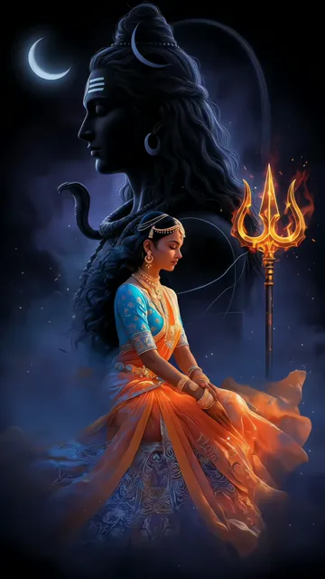 Shiva And Parvati Sacred Couple With Trishul And Moon