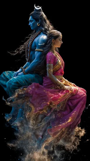 Shiva And Parvati Divine Cosmic Dance With Blue Glow
