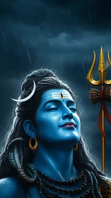 Shiva In Rain With Trishul And Blue Aura