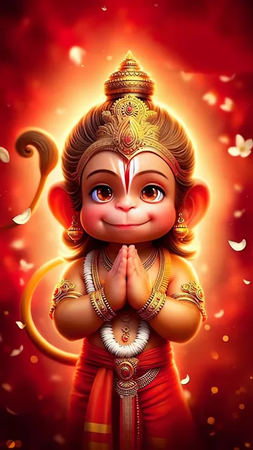 Adorable Hanuman Idol With Golden Crown And Red Aura
