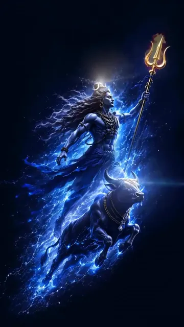 Shiva With Blue Aura And Nandi Bull Riding Lightning