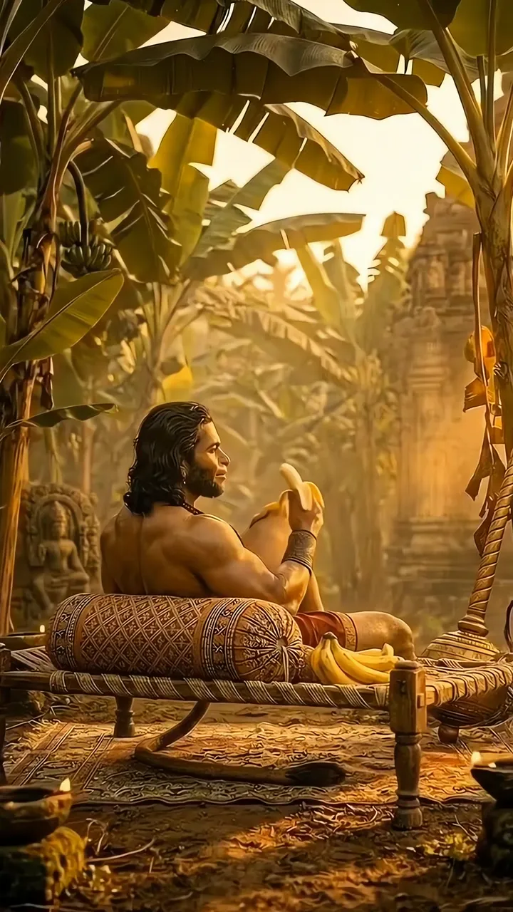 Hanuman Ji Relaxing With Bananas In Sacred Jungle Temple