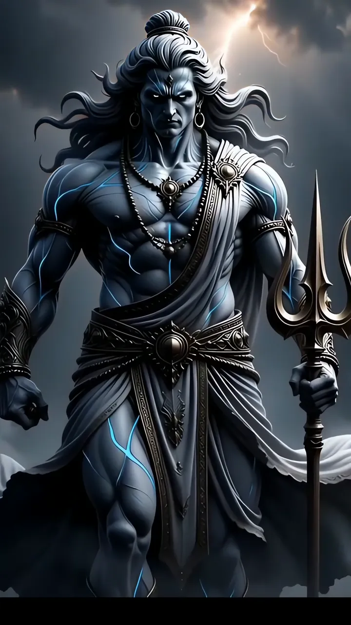 Glowing Shiva With Blue Aura And Trishul