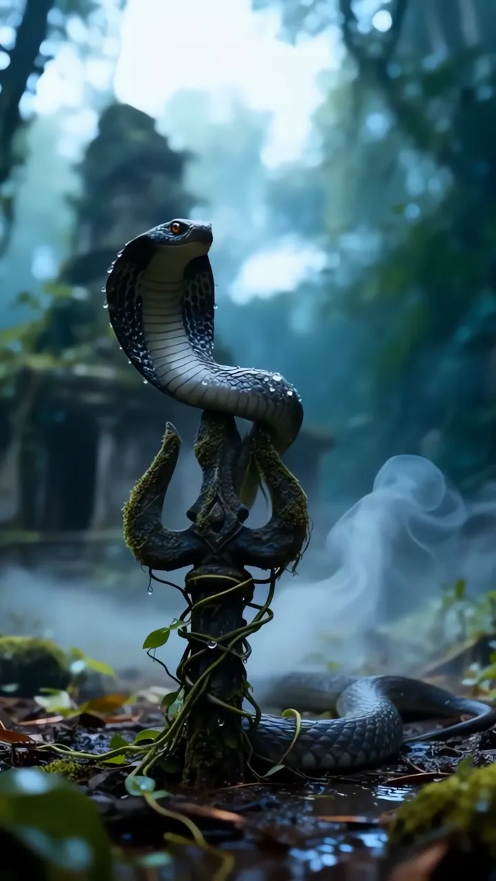 Mystical Cobra With Trishul In Misty Forest