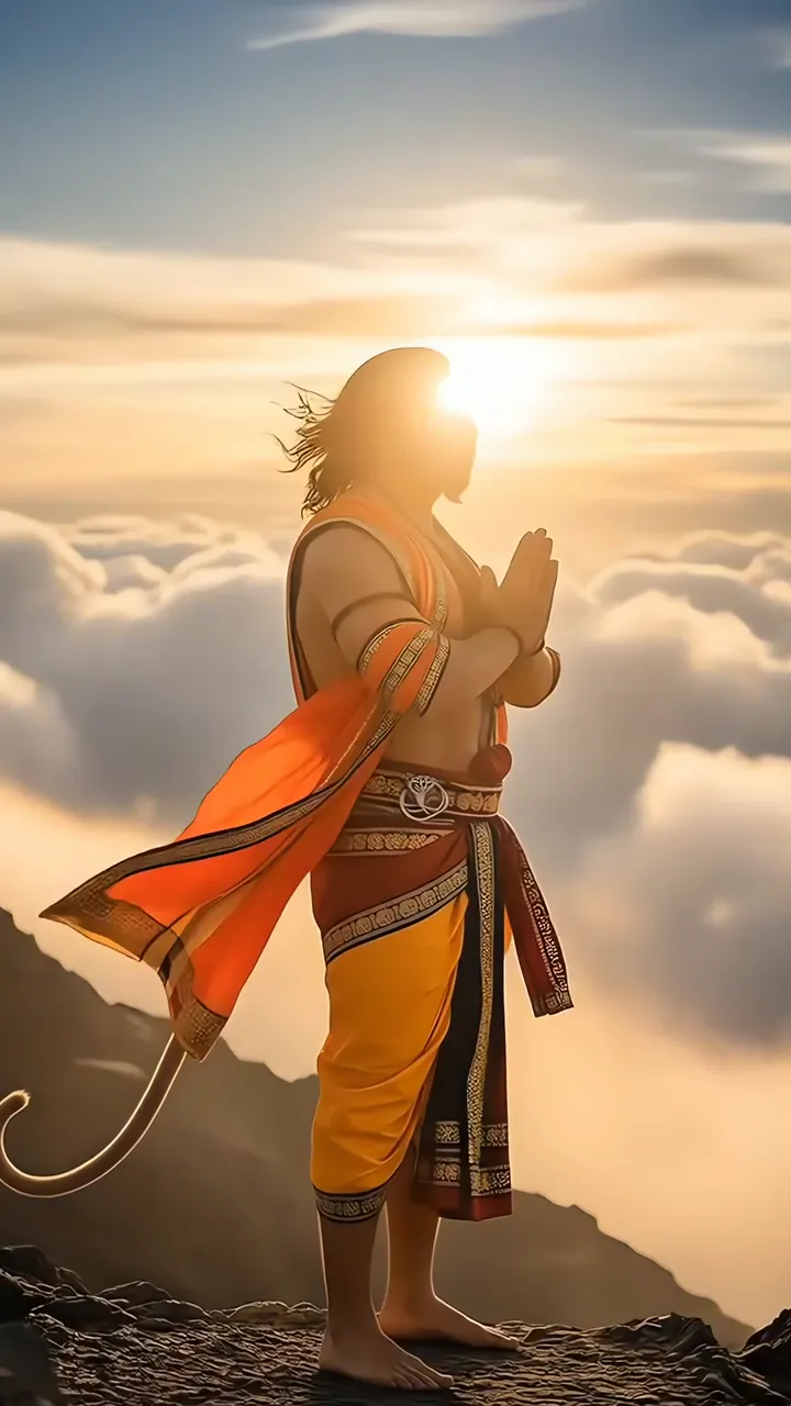 Hanuman Devotional Prayer On Mountain Peak At Sunrise