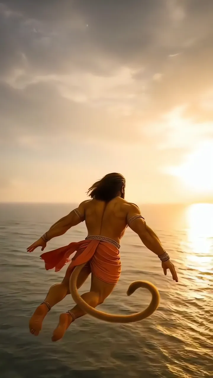 Hanuman Flying Over Ocean At Sunset