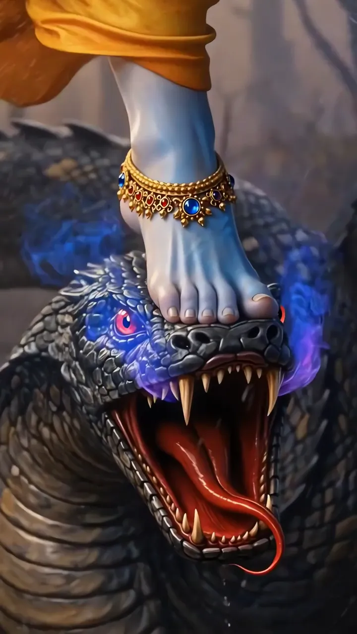 Krishna Crushing Kalia Mardan With Blue Aura And Red Tongue