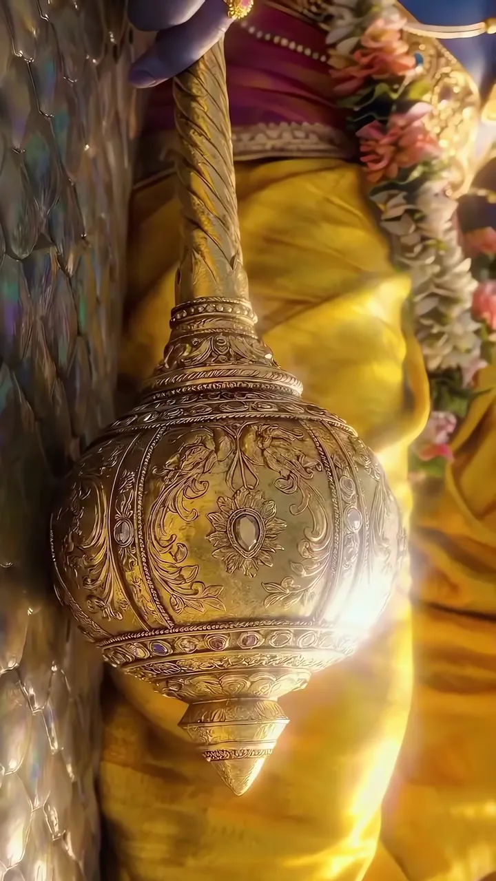Glowing Golden Trishul With Intricate Engravings And Yellow Silk