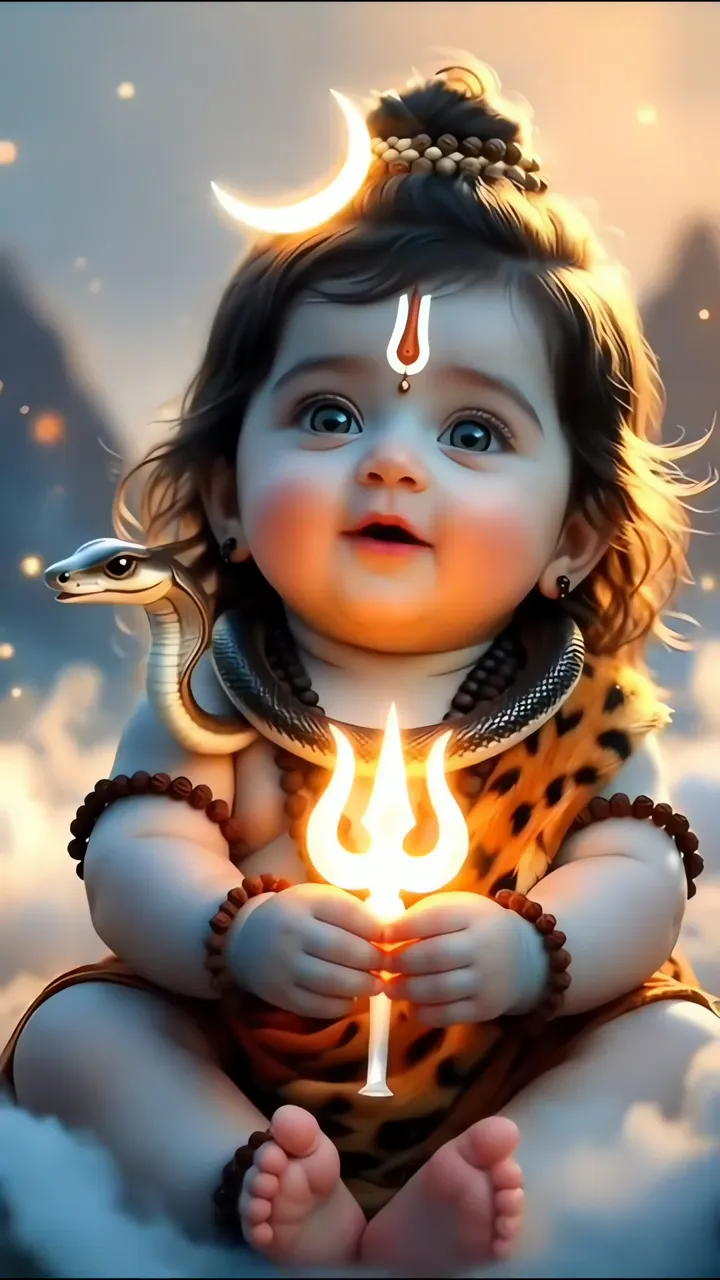 Baby Shiva Holding Trishul With Snake And Moon