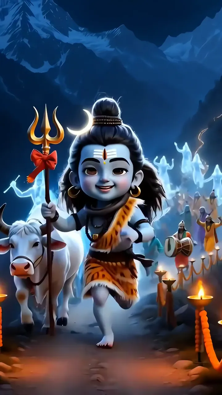 Chibi Shiva With Trishul And Nandi In Mountain Temple Scene