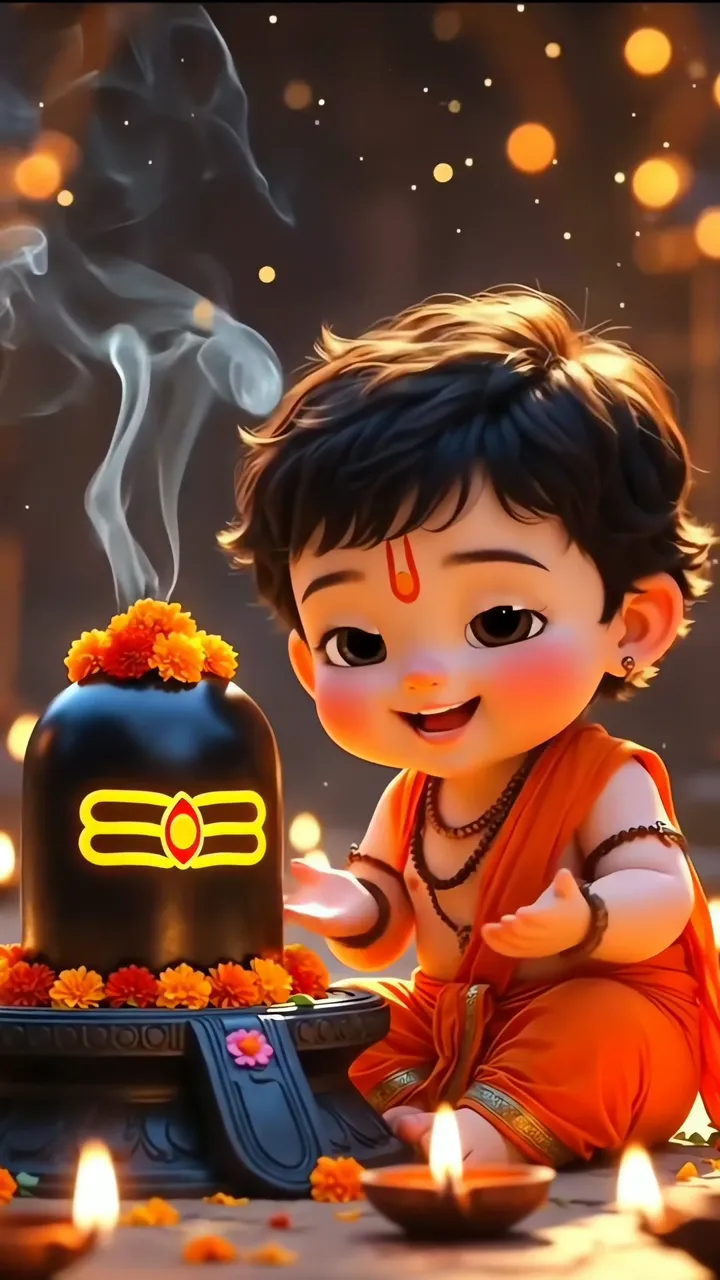 Adorable Baby Shiva With Shiva Lingam And Diya