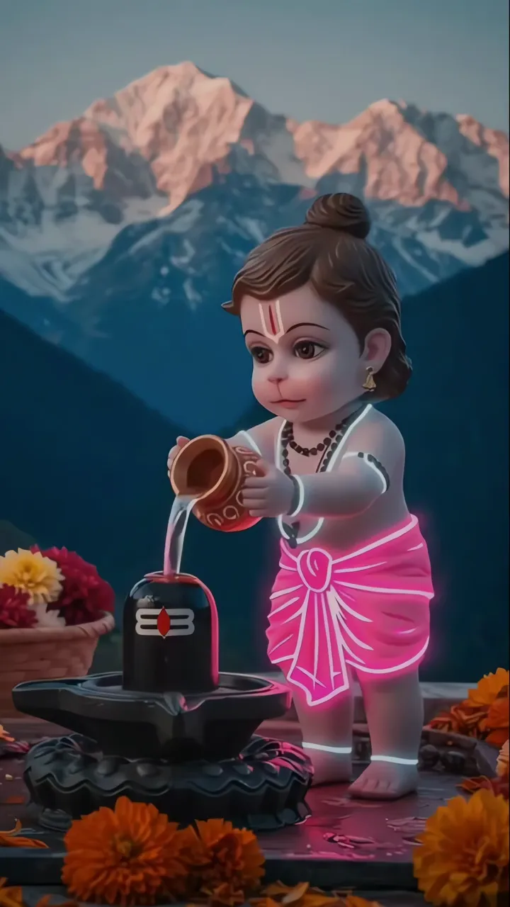 Adorable Baby Hanuman Pouring Water On Shiva Lingam With Pink Glow