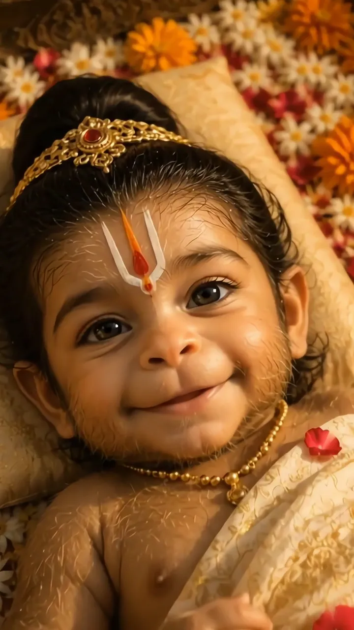 Adorable Baby Hanuman With Golden Crown And Flower Bed