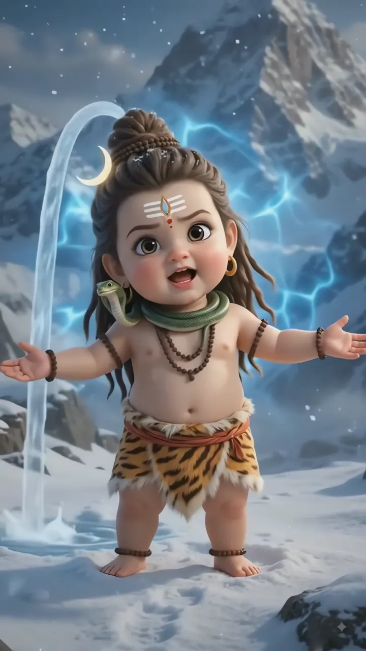 Baby Shiva With Snake And Waterfall In Snowy Mountains
