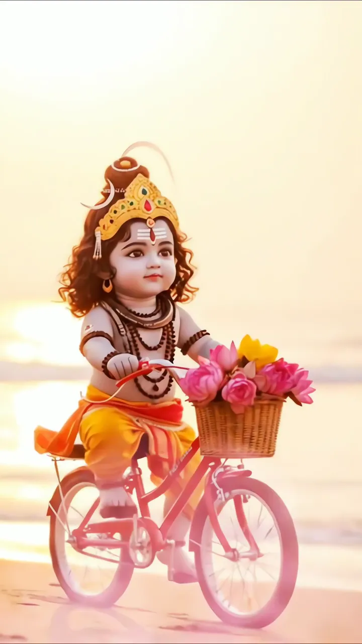 Baby Krishna Riding Bicycle With Lotus Flowers At Sunset
