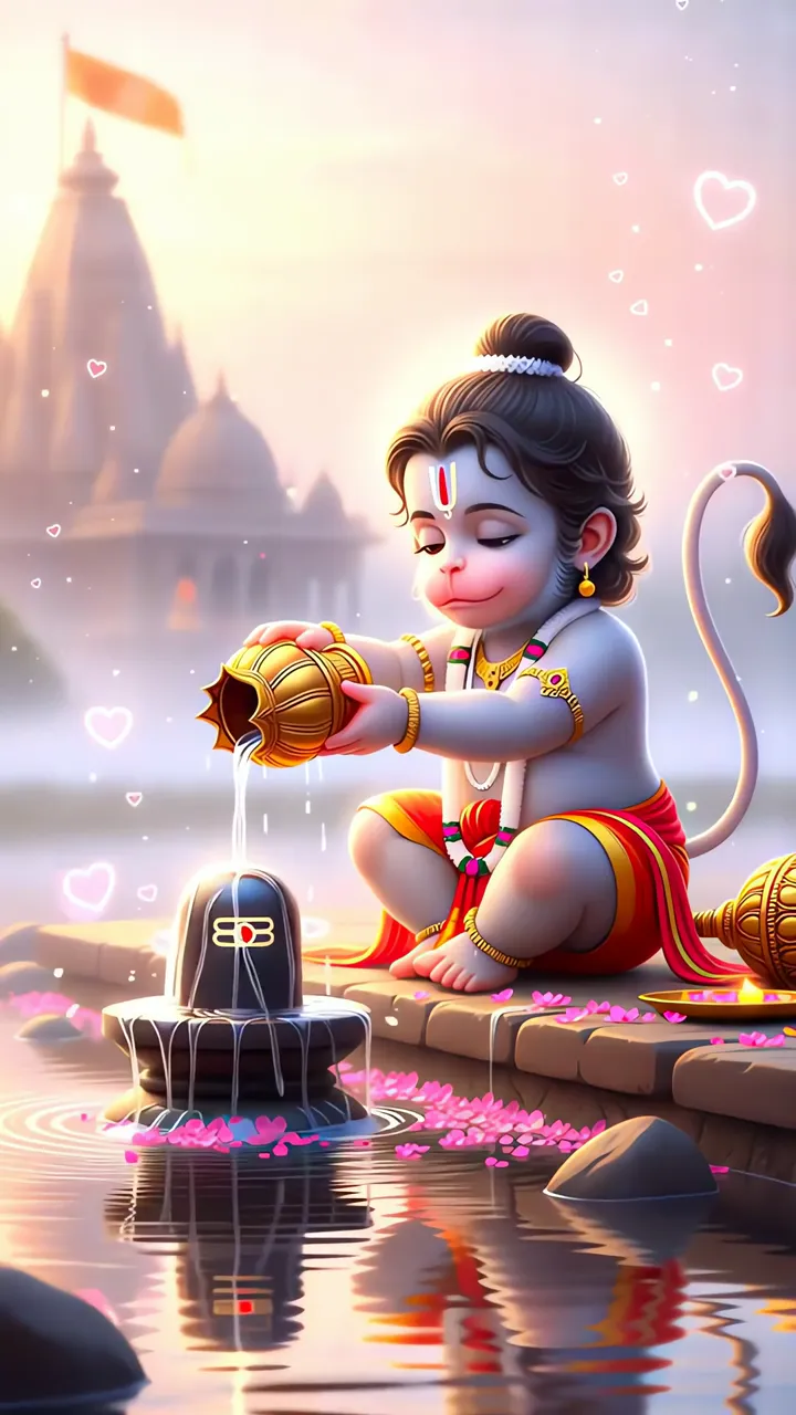 Cute Baby Hanuman Pouring Water On Shiva Lingam Temple Scene