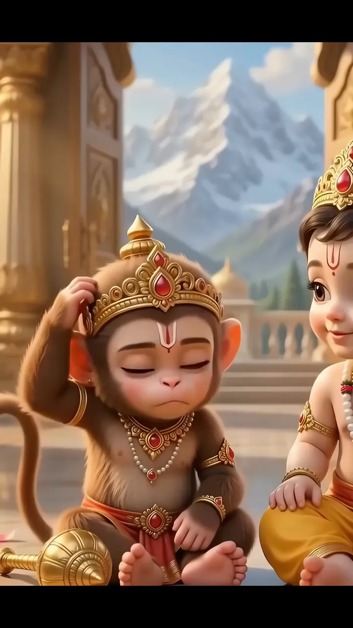 Cute Baby Hanuman With Crown And Sacred Mount Scene