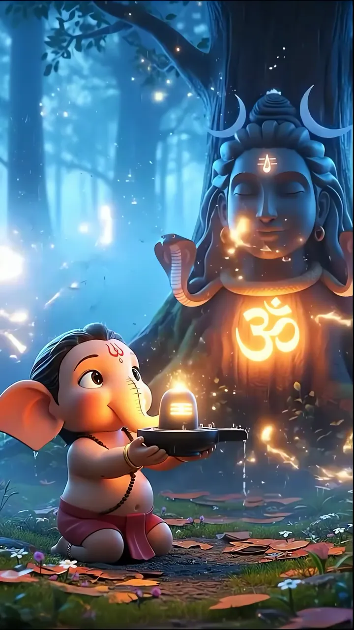 Cute Baby Ganesha Offering Lamp To Shiva In Forest