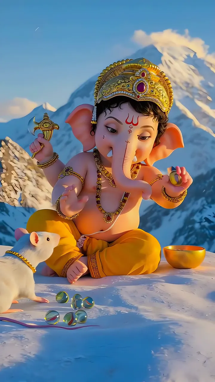 Ganesha With White Mouse And Snowy Mountain Scene