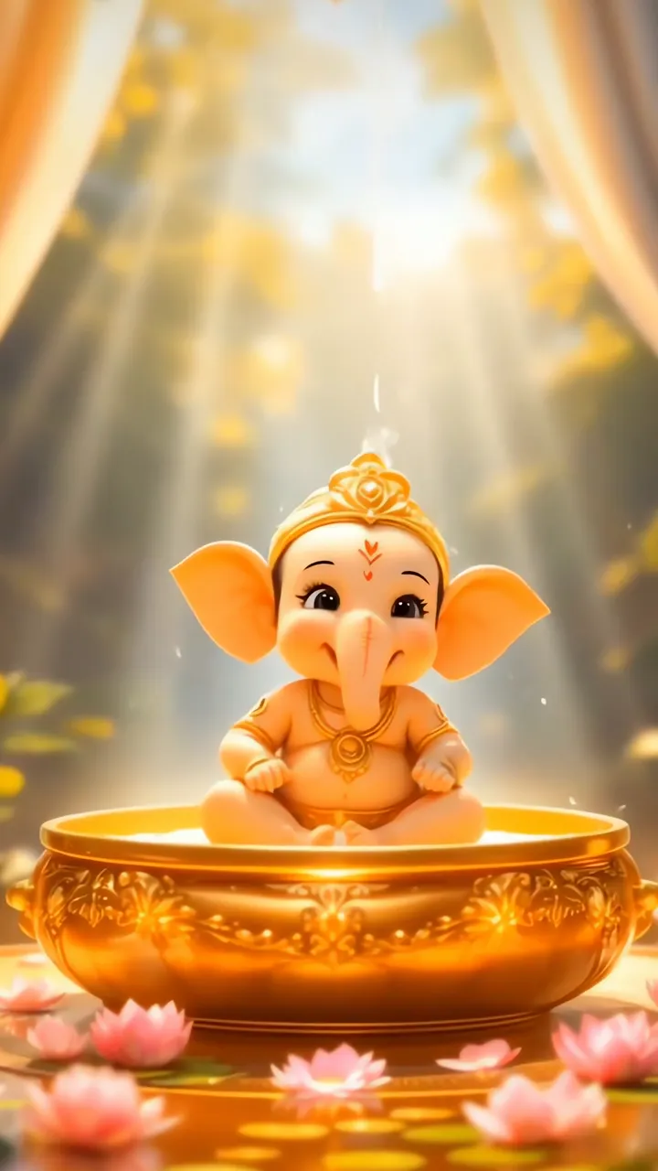Cute Baby Ganesh Sitting In Golden Bowl With Lotus And Sunbeams