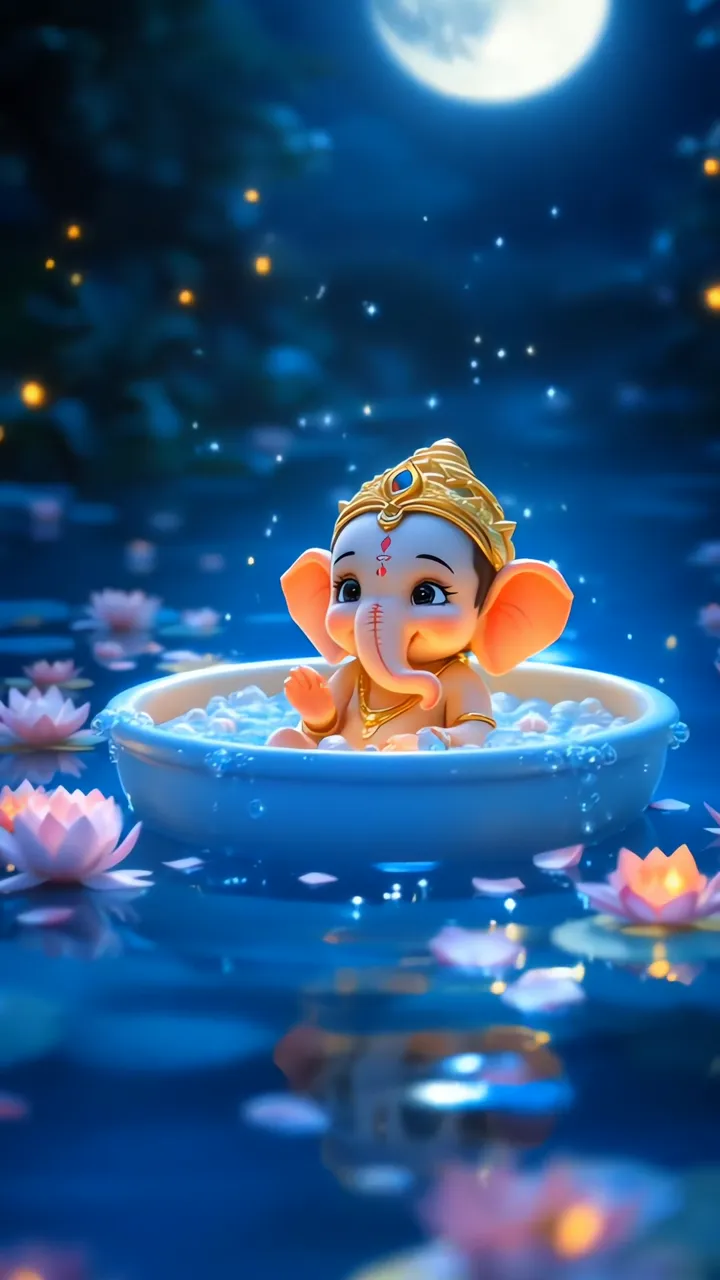 Cute Baby Ganesha Bathing In Lotus Pond Under Moonlight
