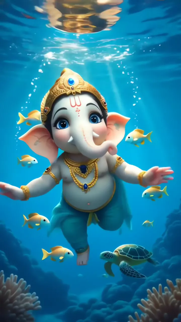 Baby Ganesha Underwater With Fish And Turtle