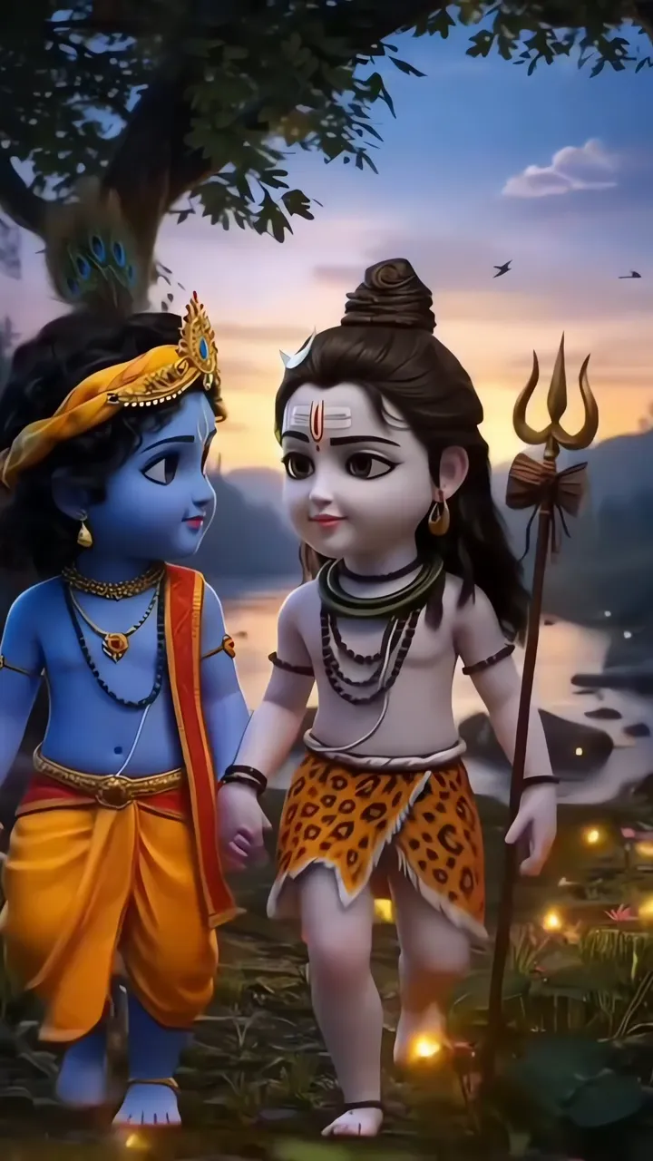 Chibi Krishna And Shiva Walking Together In Nature