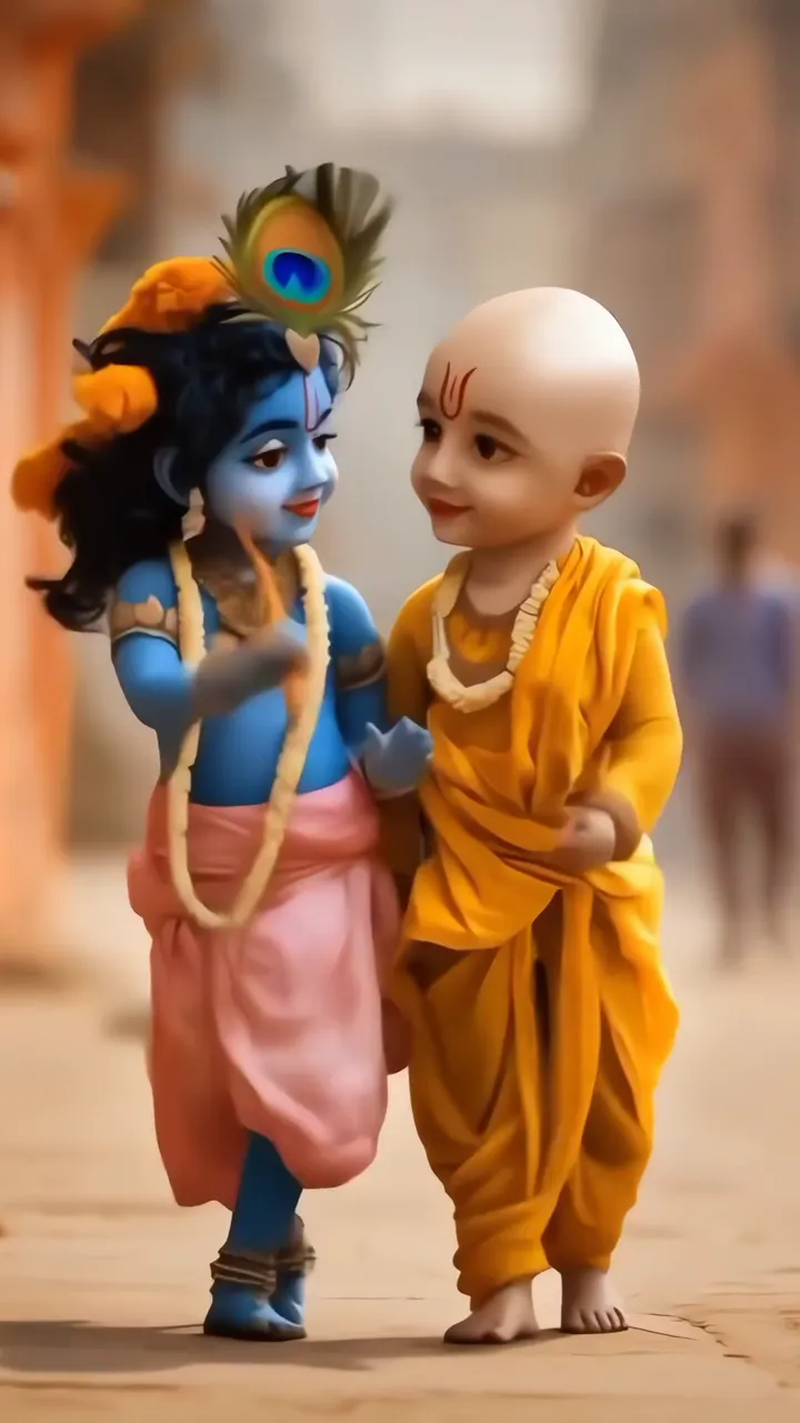 Radha Krishna Playful Childhood Scene With Peacock Feather
