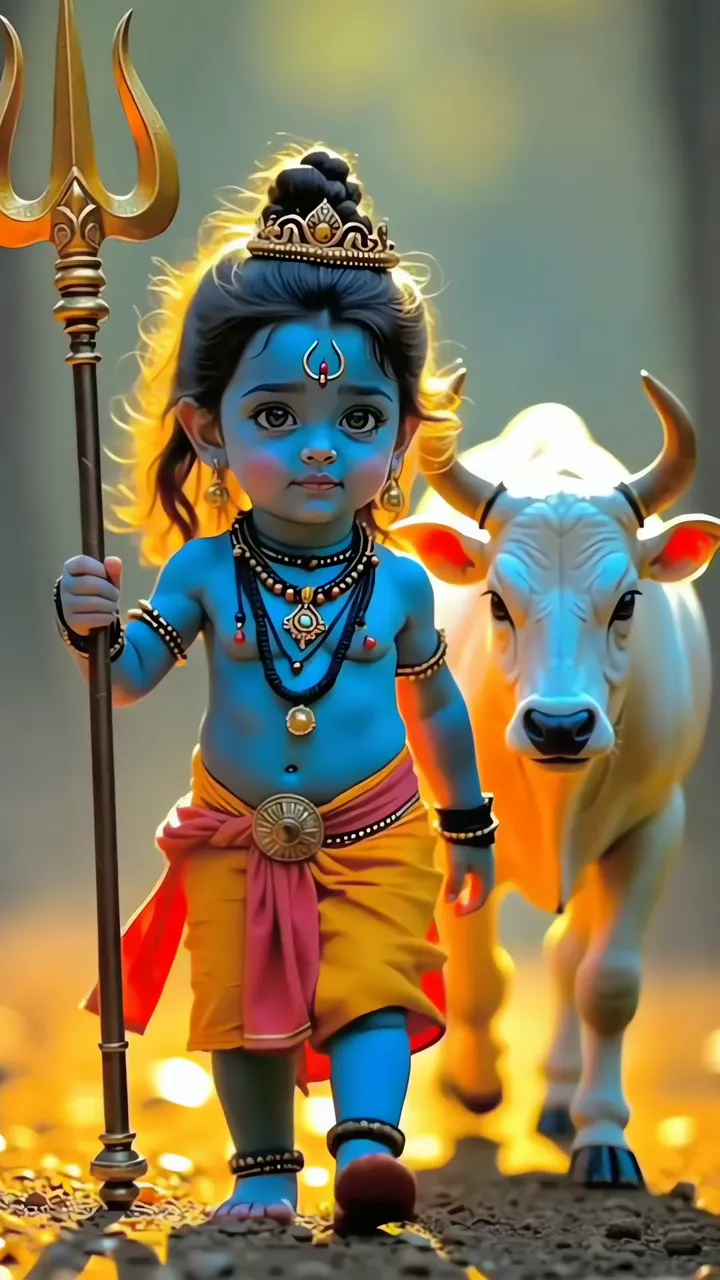 Baby Shiva With Trishul And White Bull