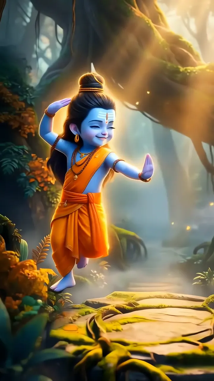 Adorable Little Shiva Dancing In Mystical Forest With Golden Light