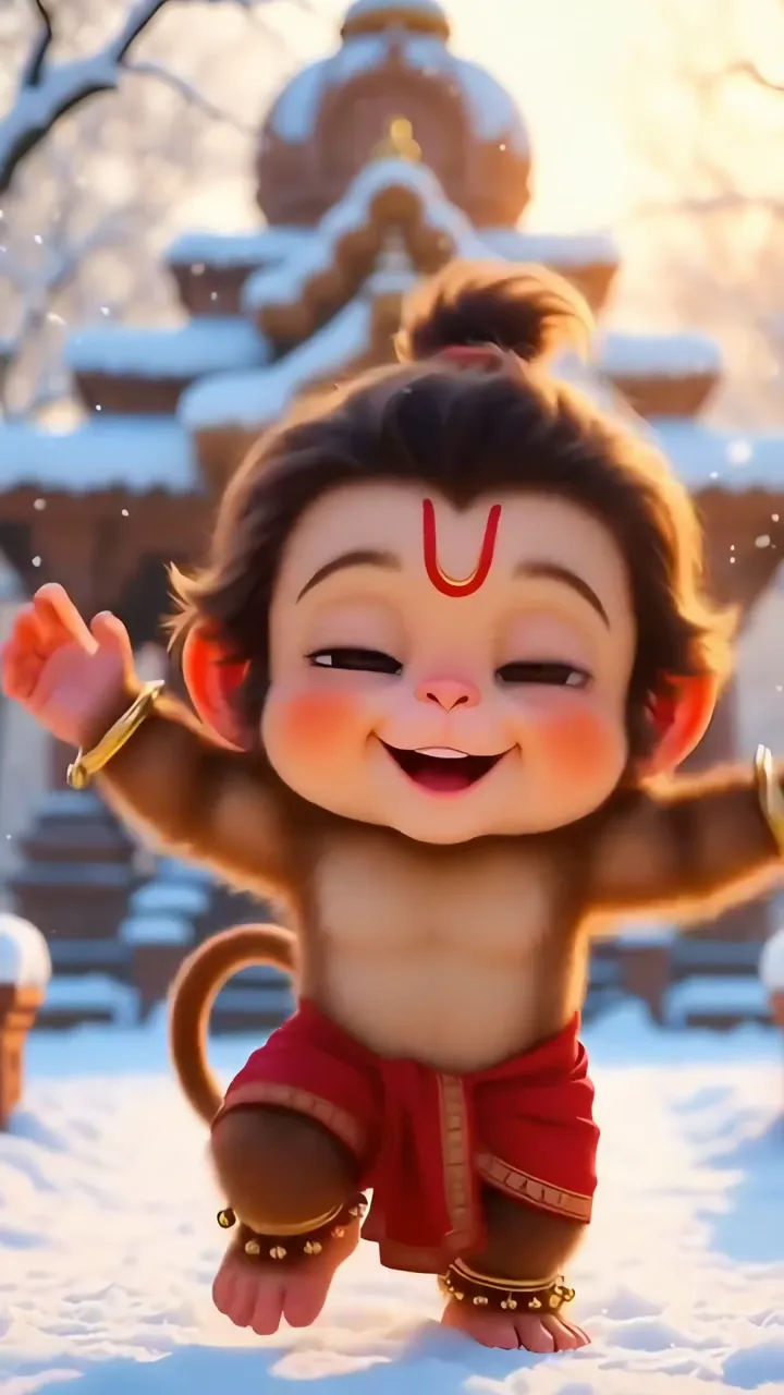 Cute Baby Hanuman In Snow With Temple Background