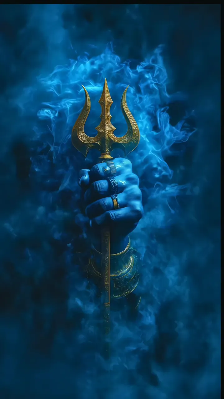 Blue Hand Holding Golden Trishul With Glowing Aura