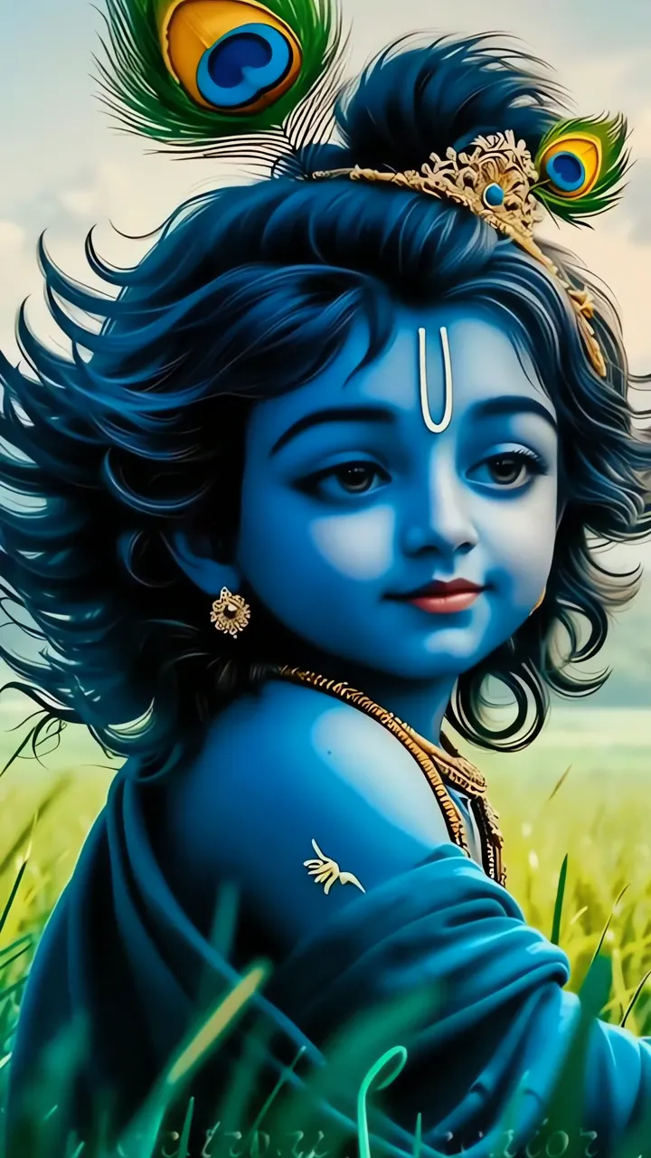 Blue Krishna With Peacock Feather Crown In Green Field