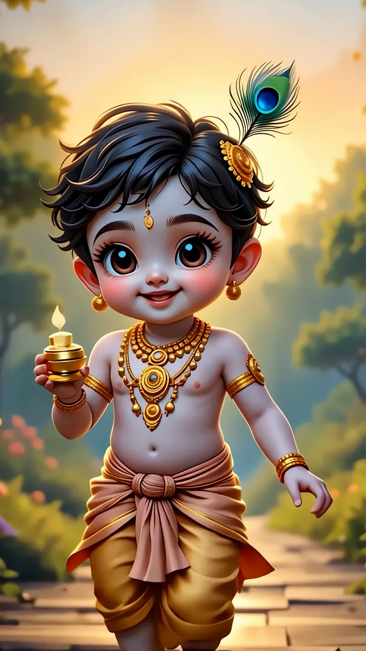 Cute Baby Krishna Holding Diya With Peacock Feather