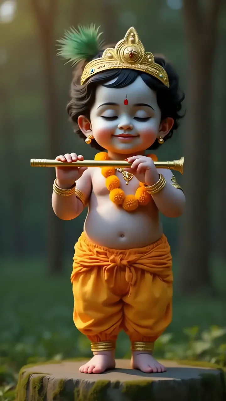 Little Krishna Playing Flute With Divine Smile In Forest